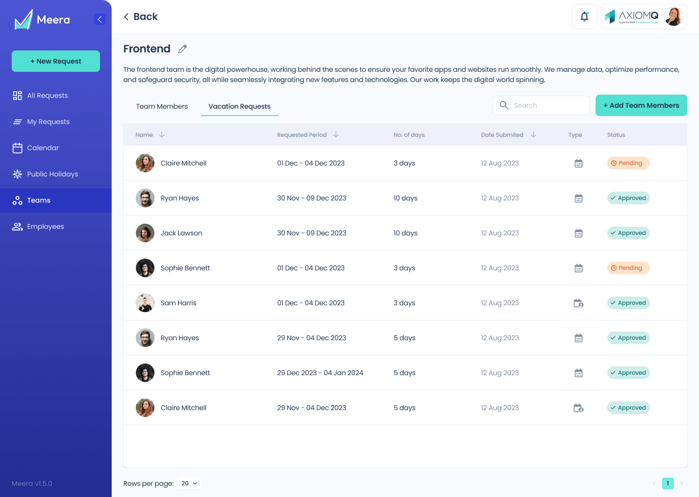 Interface of the Meera app showing team members and details about their vacation status.