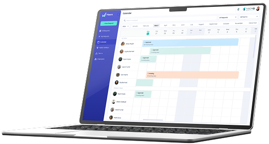 Display of Meera app on a laptop screen with a calendar showing planned vacation for the upcoming period
