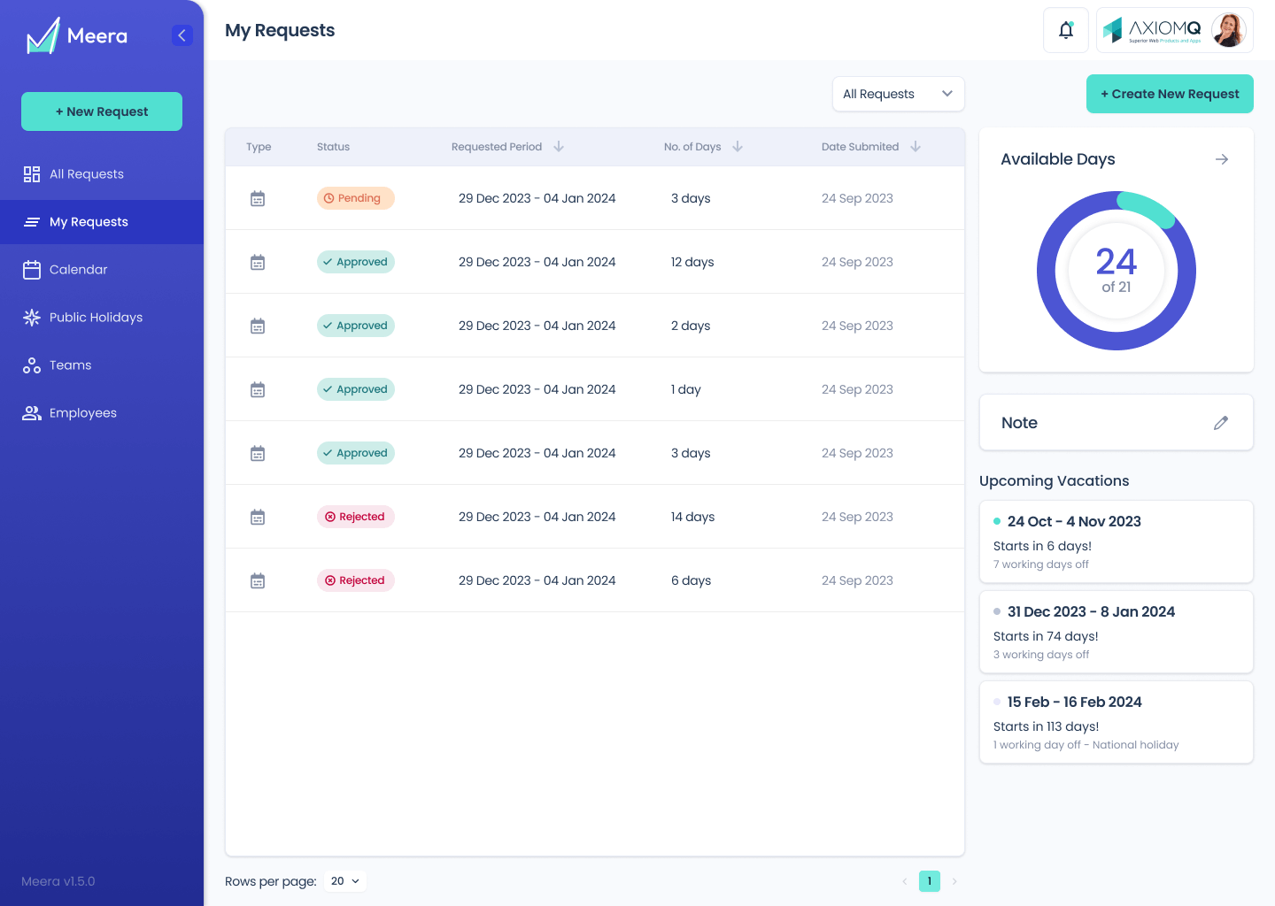 Interface of the Meera app showing vacation requests, their statuses, and an option to submit a new request.