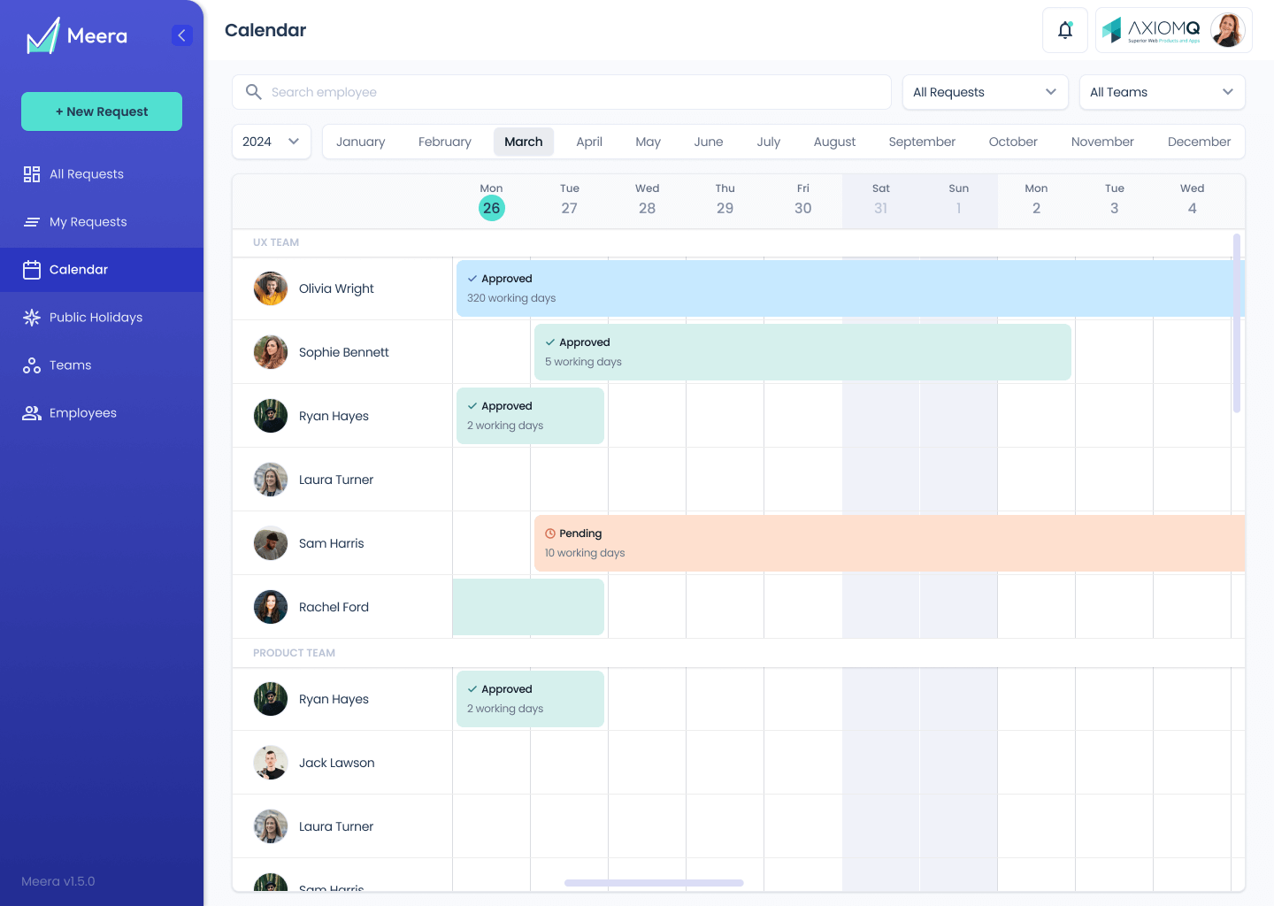 Interface of the Meera app showing a calendar with employees on vacation and the duration of their leave.